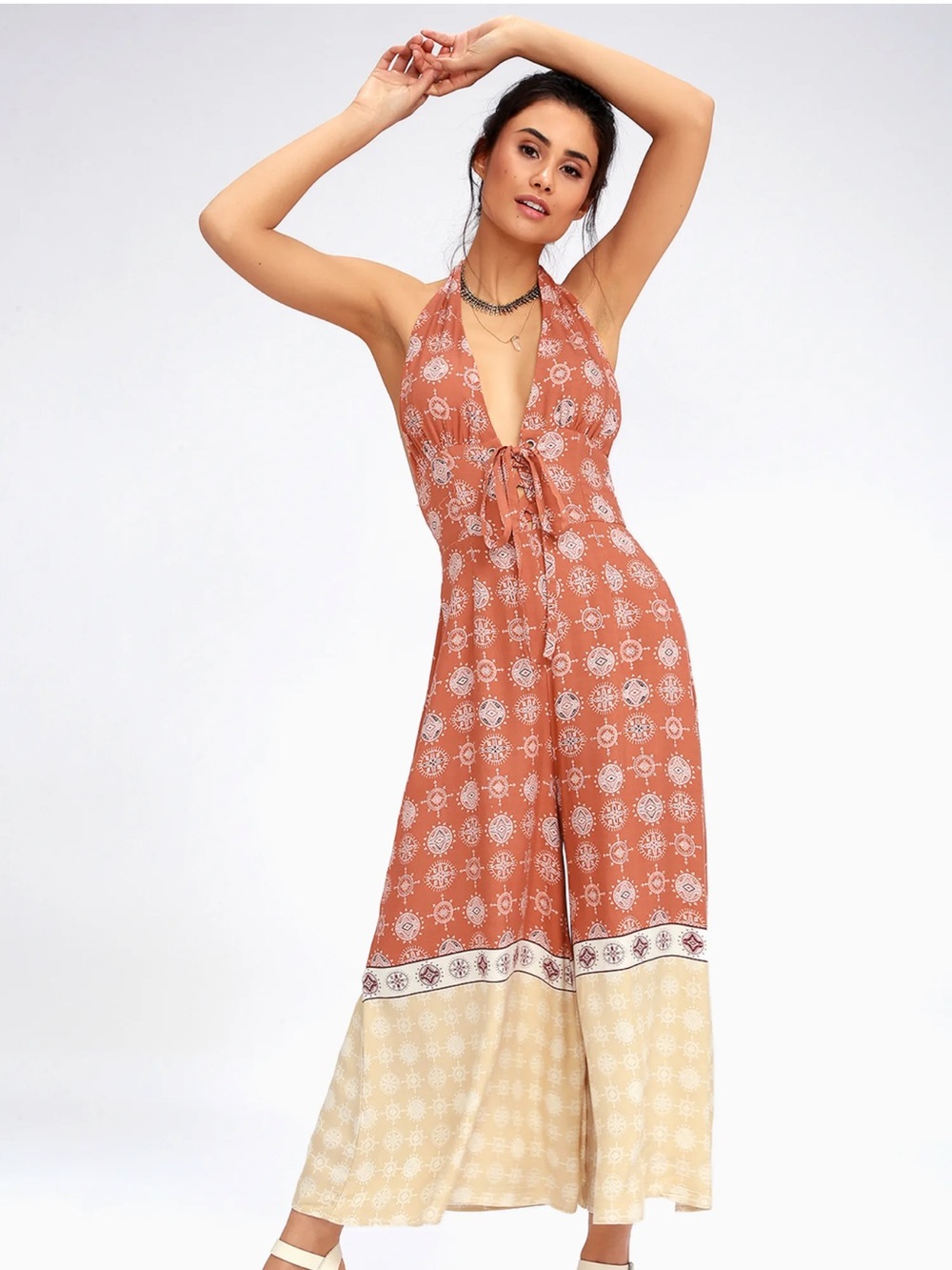 Somedays Lovin Heart of a Fighter Jumpsuit NWT LG Boho Halter Wide Leg